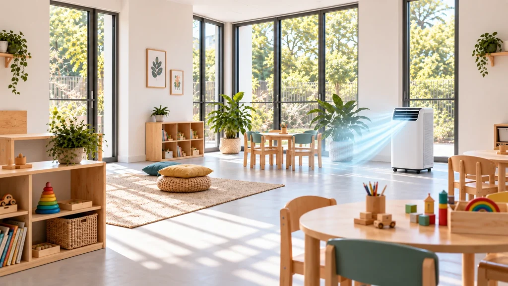 Salle d’activités lumineuse dans une crèche ou un centre de loisirs avec climatiseur mobile 3 en 1 de type FRICO et flux d’air visible lors d’une journée chaude de fin d’été.