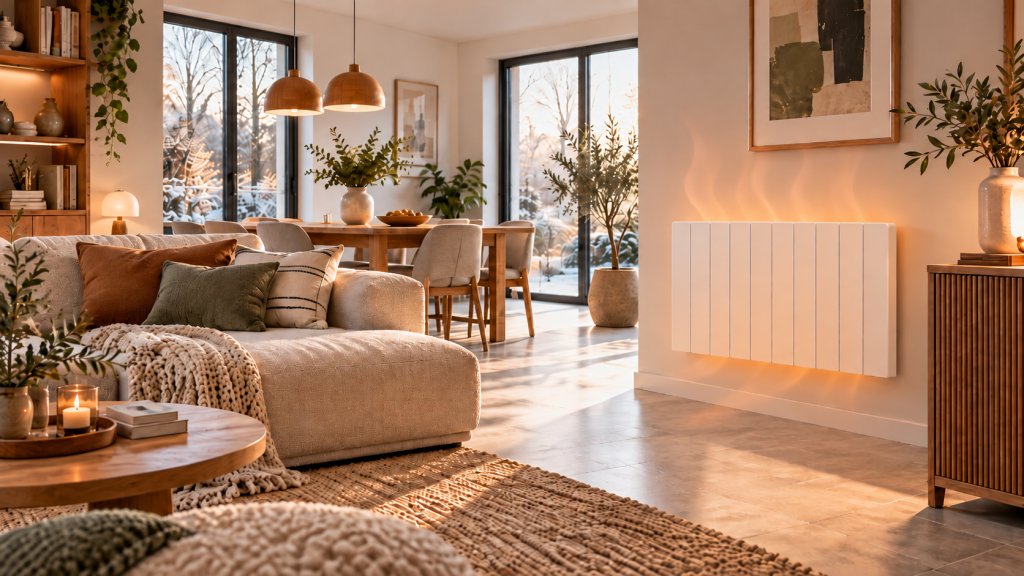 Radiateur électrique moderne intégré dans un salon contemporain