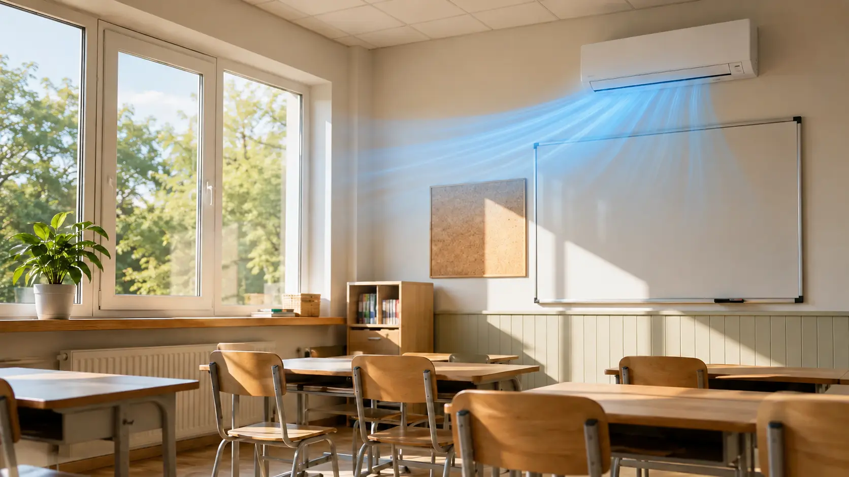Salle de classe d’école primaire équipée d’une climatisation murale par pompe à chaleur air-air.