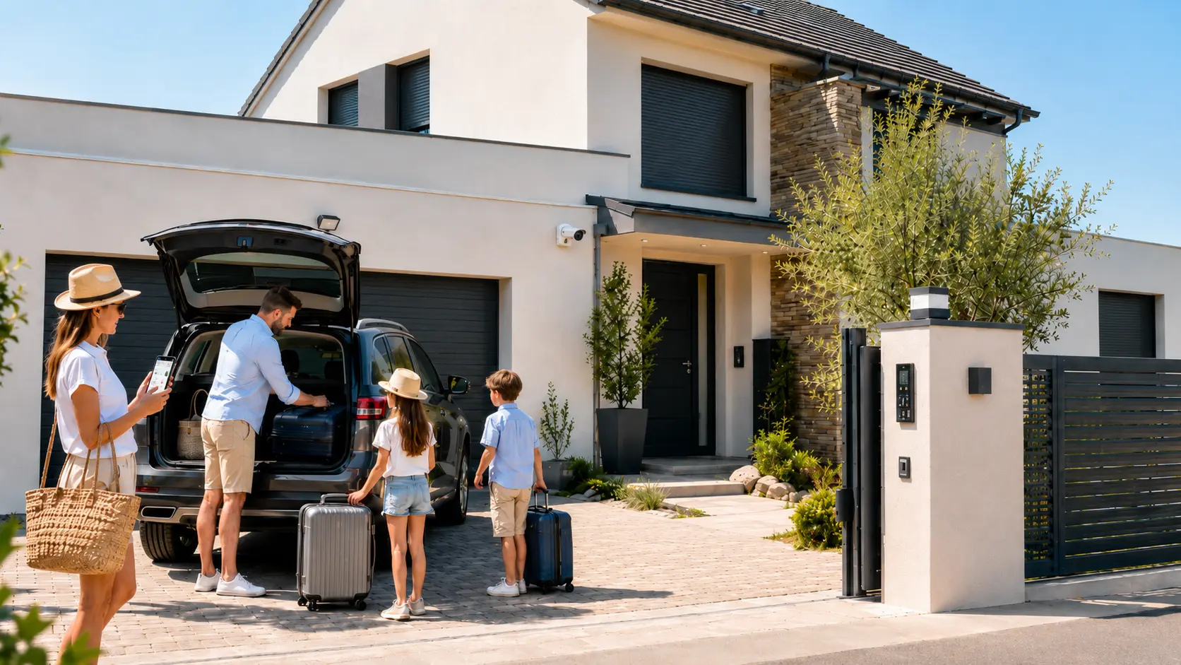 Famille préparant son départ en vacances devant une maison connectée équipée de volets roulants, caméra de sécurité, portail motorisé et contrôle domotique.